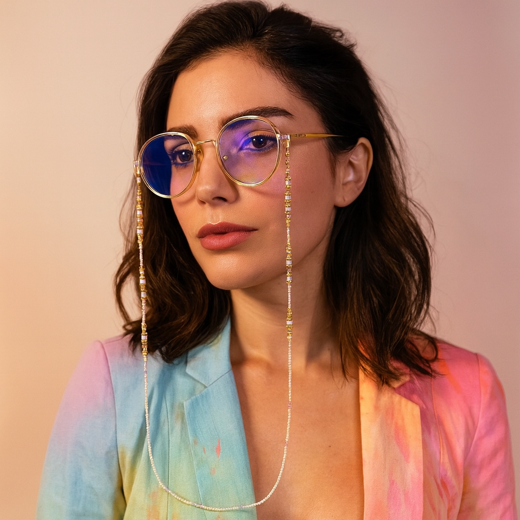 Cadena Sujetagafas de Piedras Murano Premium · Hecha a Mano · Acero Inoxidable