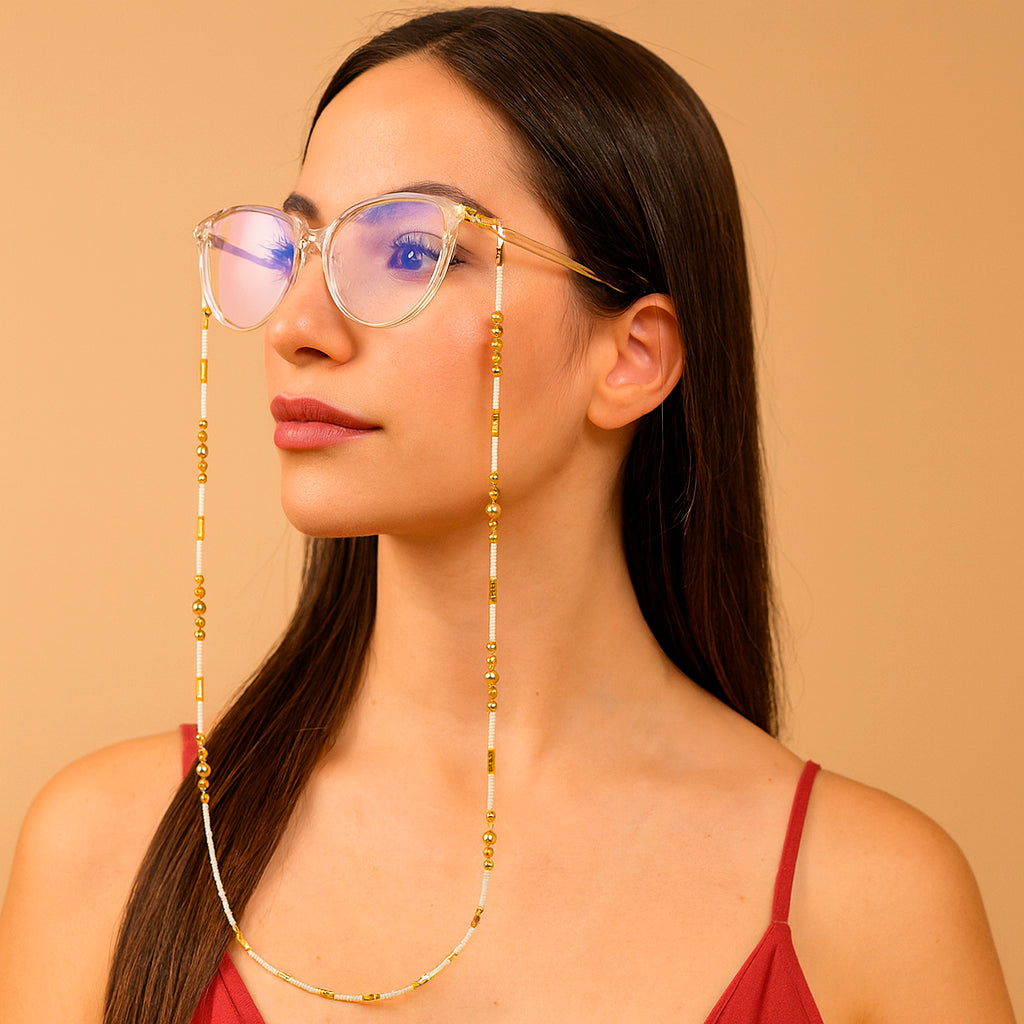 Cadena para Gafas con Perlas Beige - Cuelga Gafas Artesanal Resistente al Agua