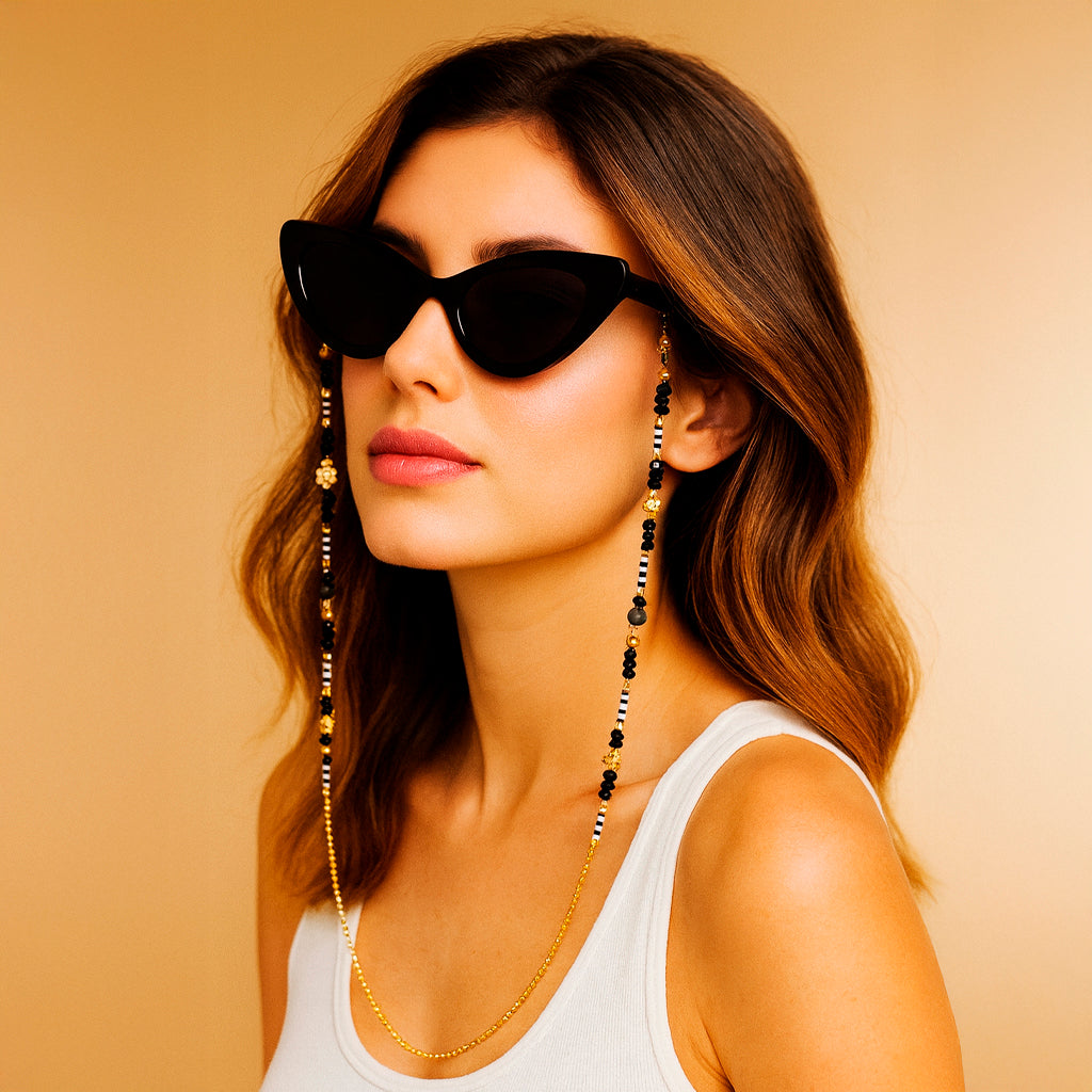 Cuelga Gafas At Night - Murano Negro & Cadena Dorada