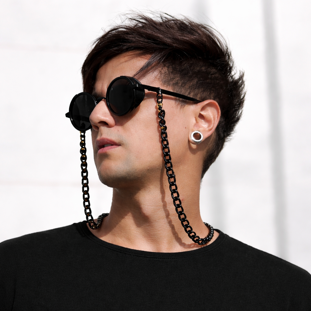 Sujetagafas Cadena Negra Acero – Estilo Urbano Minimal | At Night
