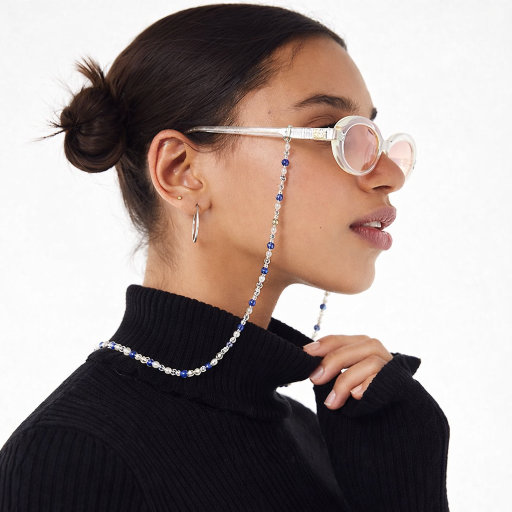 Sujetagafas Murano Azul y Perlas – Cadena para Gafas Elegante con Cristales Azul Profundo