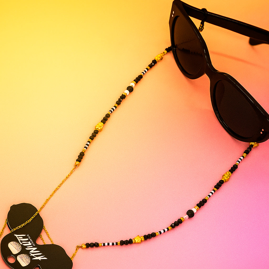 Cuelga Gafas At Night - Murano Negro & Cadena Dorada