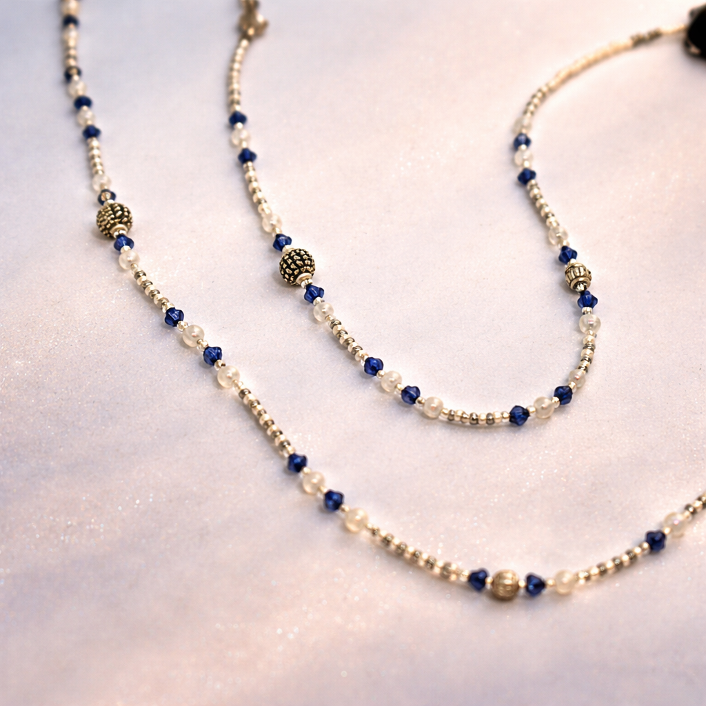 Sujetagafas Murano Azul y Perlas – Cadena para Gafas Elegante con Cristales Azul Profundo