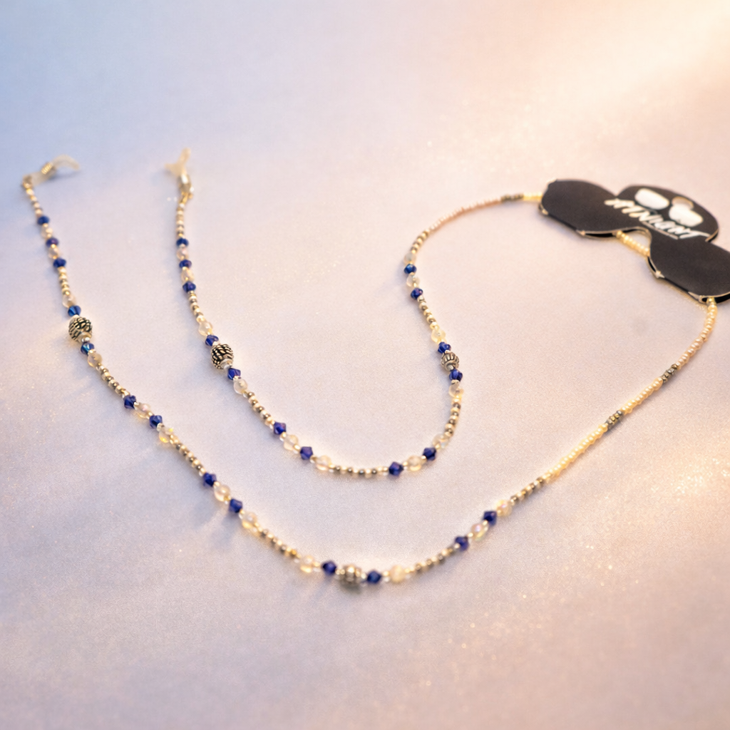 Sujetagafas Murano Azul y Perlas – Cadena para Gafas Elegante con Cristales Azul Profundo