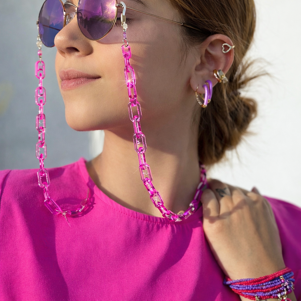 Cuelga Gafas Acrílico Rosado Transparente – Cadena para Gafas Mujer | At Night Sunglasses